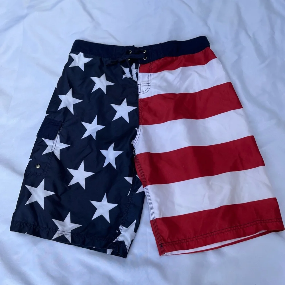 Bioworld Men's American Flag Board Shorts - Red, White & Blue. XXL